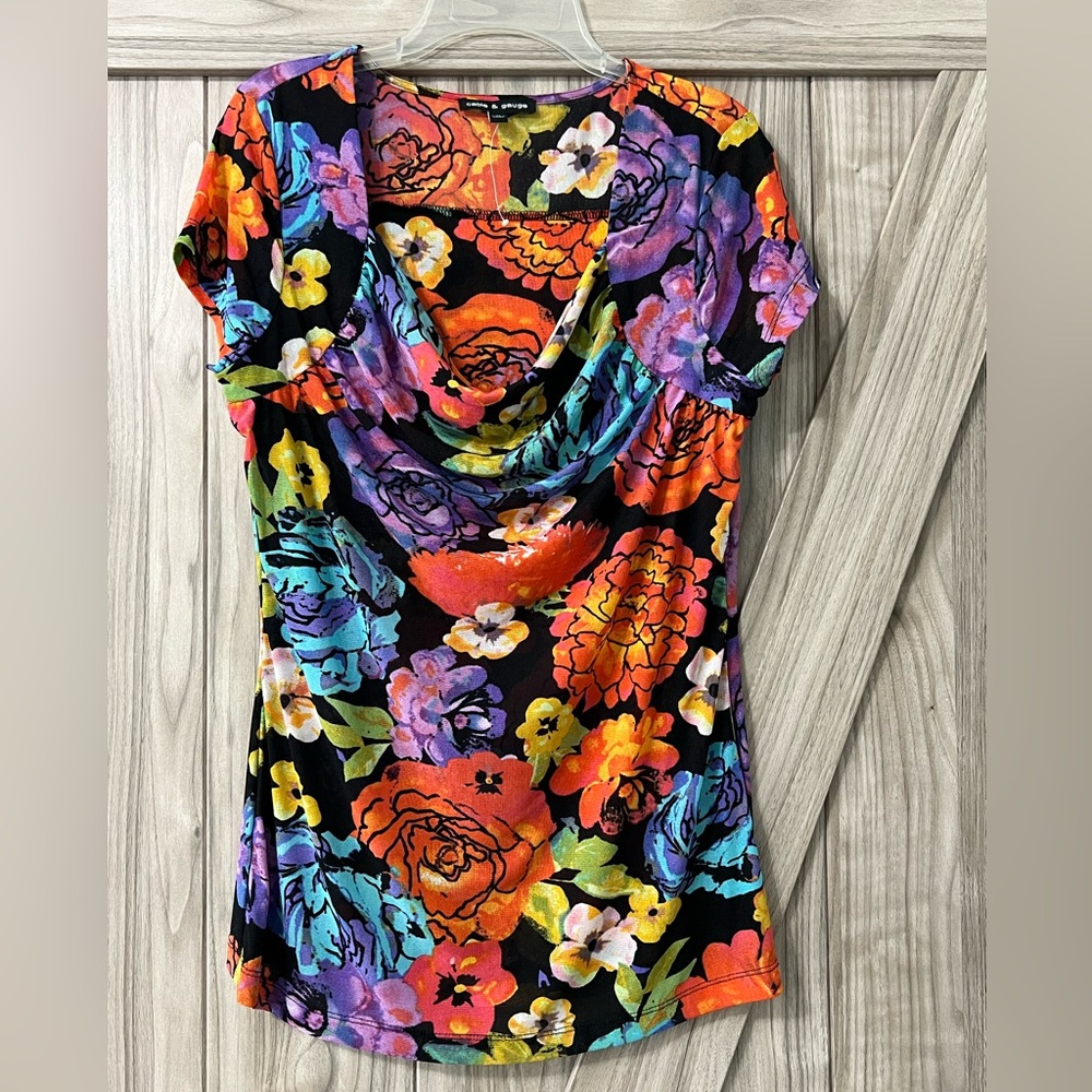 CABLE & GAUGE Floral Drape Neck Top SZ M NWOT